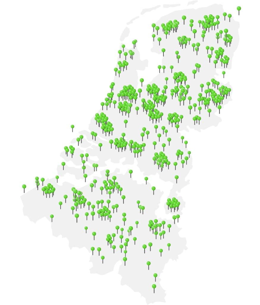 Kaart van Nederland en België met alle Tappie-locaties